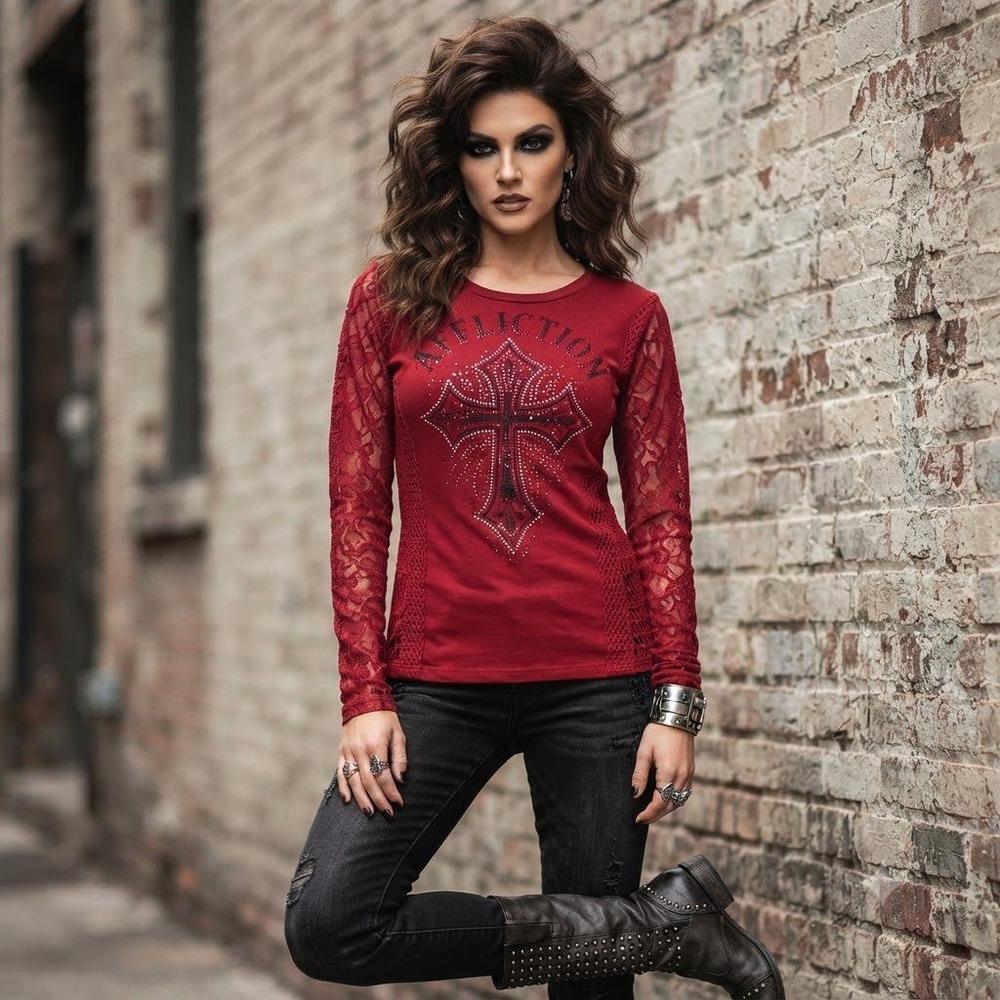 Affliction Womens Red Lace Sleeve Embellished Cross Gothic Long Sleeve Top NEW